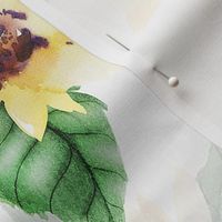 Hand drawn crazy watercolor sunflower florals on white double layer, sunflower fabric, sunflowers fabric 