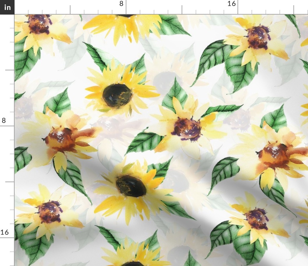 Hand drawn crazy watercolor sunflower florals on white double layer, sunflower fabric, sunflowers fabric 