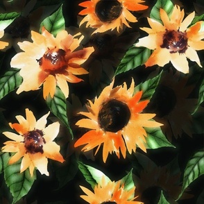 Hand drawn crazy watercolor sunflower florals - dark brown double layer , sunflower fabric, sunflowers fabric 