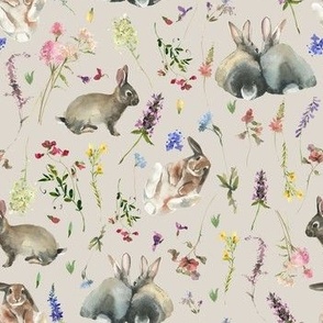 7" Bunnies in wildflowers meadow - beige