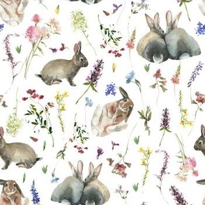 7" Bunnies in wildflowers meadow - white