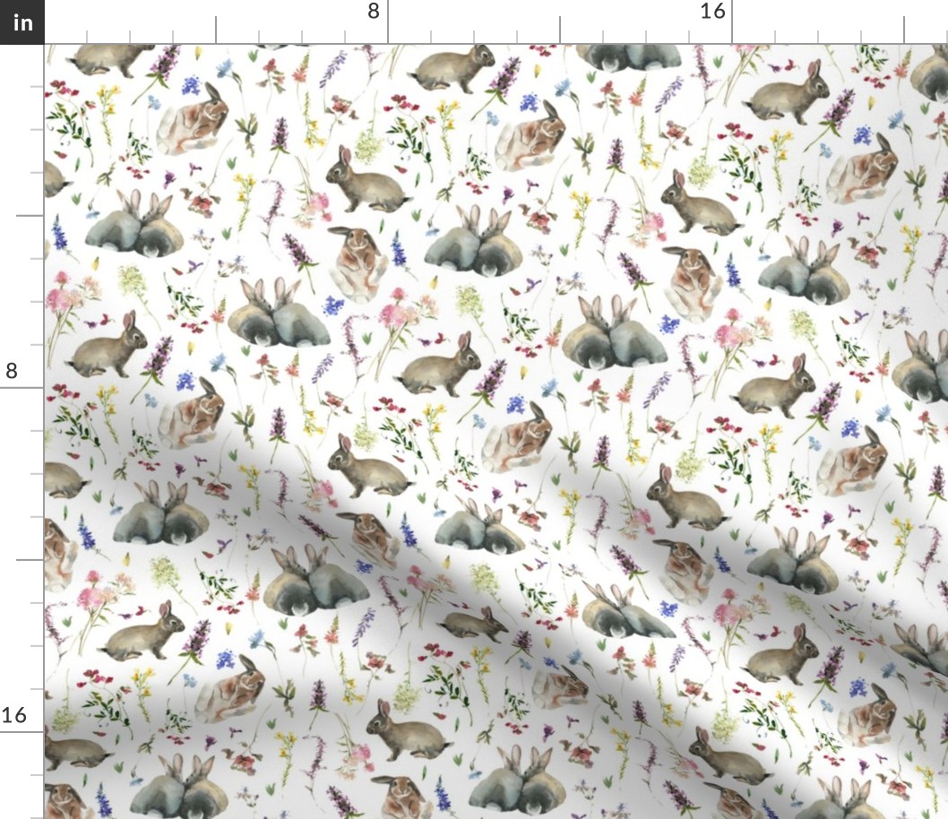 7" Bunnies in wildflowers meadow - white