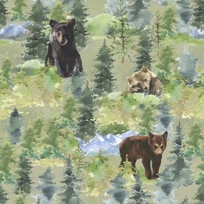 Bears Woodland Mountains  green background
