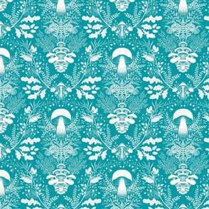 Mushrooms forest damask turquoise 