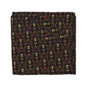 Mushrooms forest damask colorful black background small scale