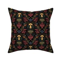 Mushrooms forest damask colorful black background small scale