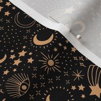 Mystic Universe party sun moon phase and stars sweet dreams pitch black night golden brown