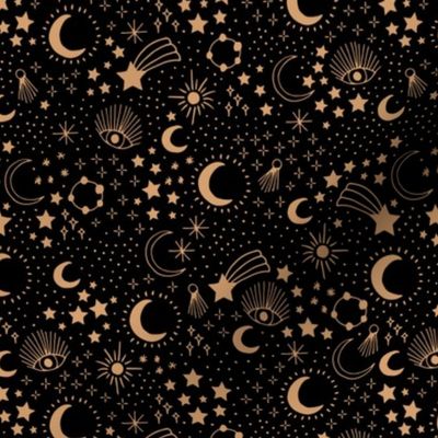 Mystic Universe party sun moon phase and stars sweet dreams pitch black night golden brown