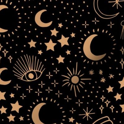 Mystic Universe party sun moon phase and stars sweet dreams pitch black night golden brown JUMBO