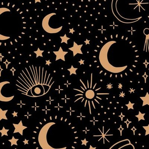 Mystic Universe party sun moon phase and stars sweet dreams pitch black night golden brown JUMBO