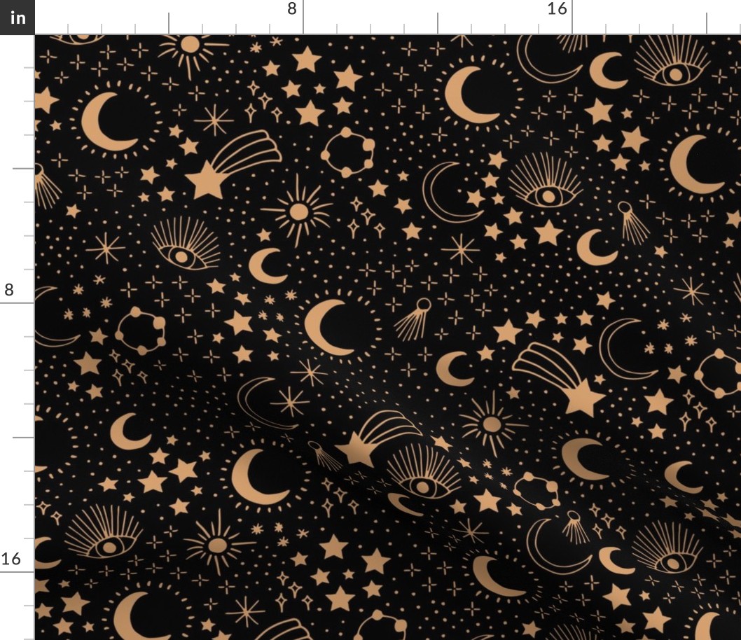 Mystic Universe party sun moon phase and stars sweet dreams pitch black night golden brown JUMBO