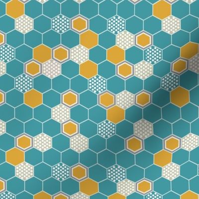 Hexagons in teal and mustard - small