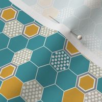 Hexagons in teal and mustard - small