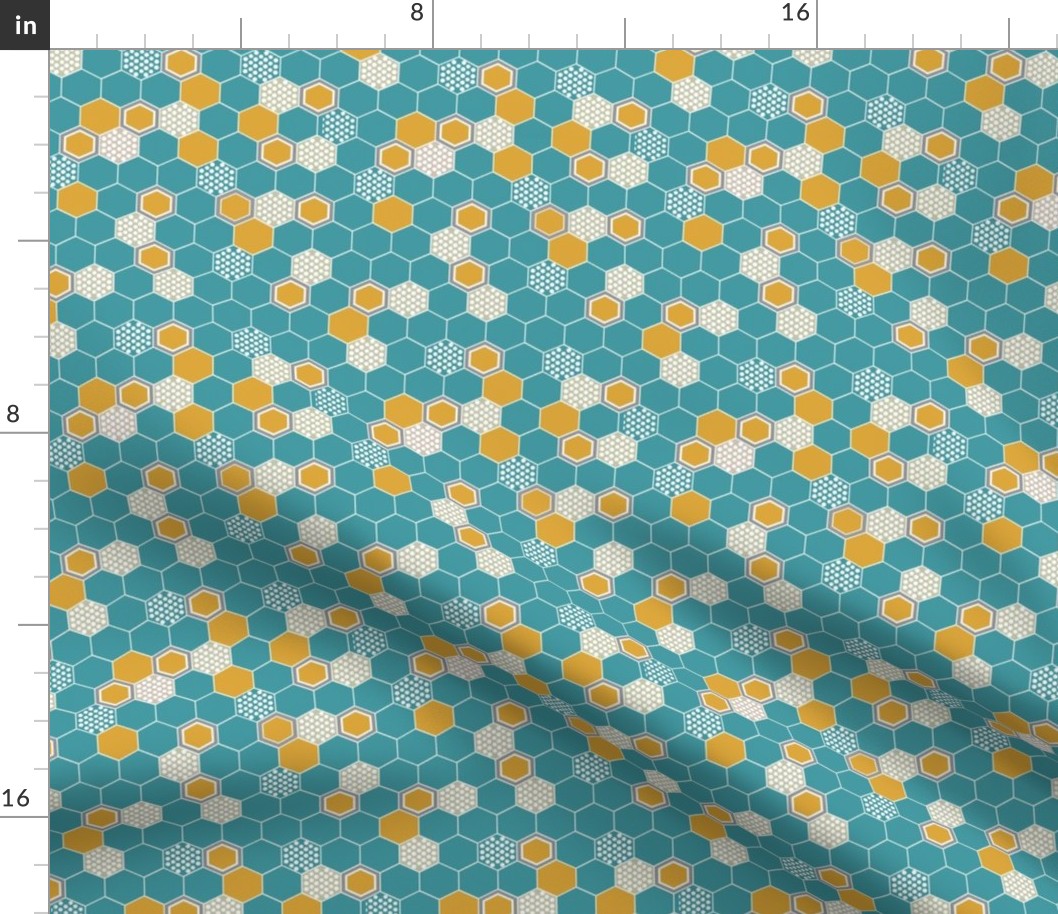 Hexagons in teal and mustard - small