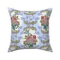 Embroidered Roses Brocade Medaillons - Blue