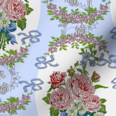 Embroidered Roses Brocade Medaillons - Blue