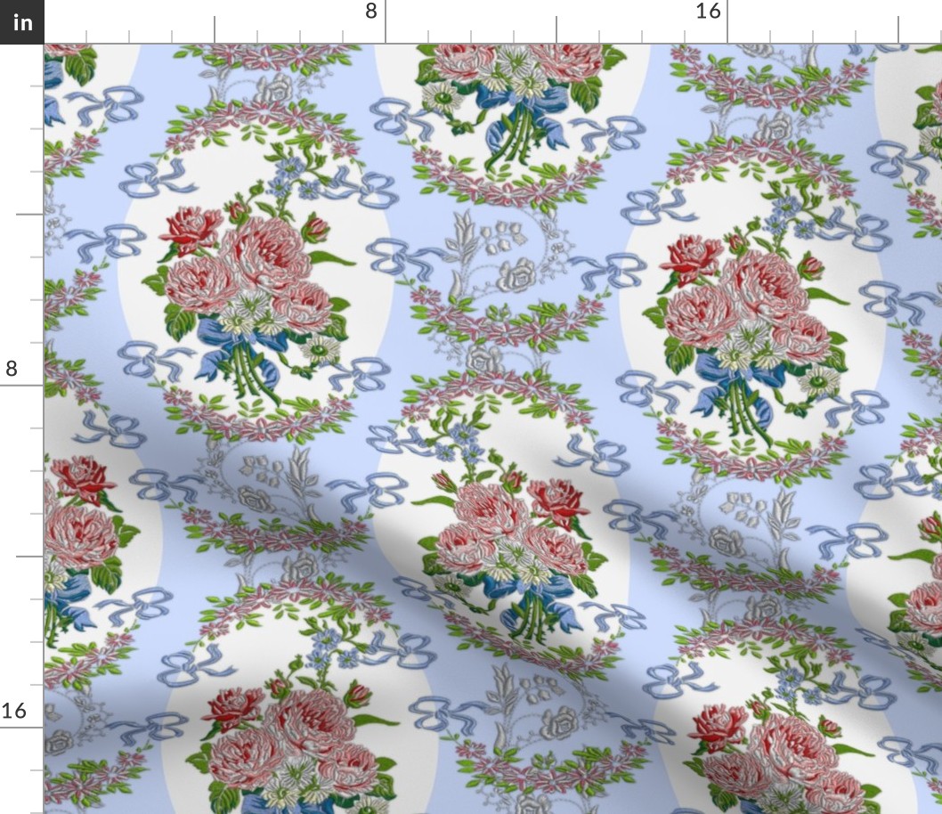 Embroidered Roses Brocade Medaillons - Blue