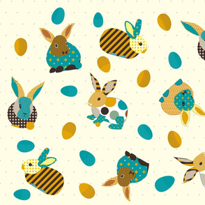 Bunnies and Easter Eggs yellow background