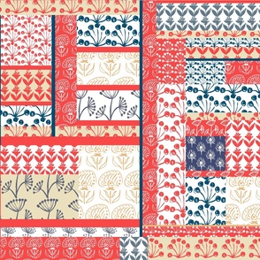 Patchwork Cheater Quilt, Drawn Patterns in Red and Blue