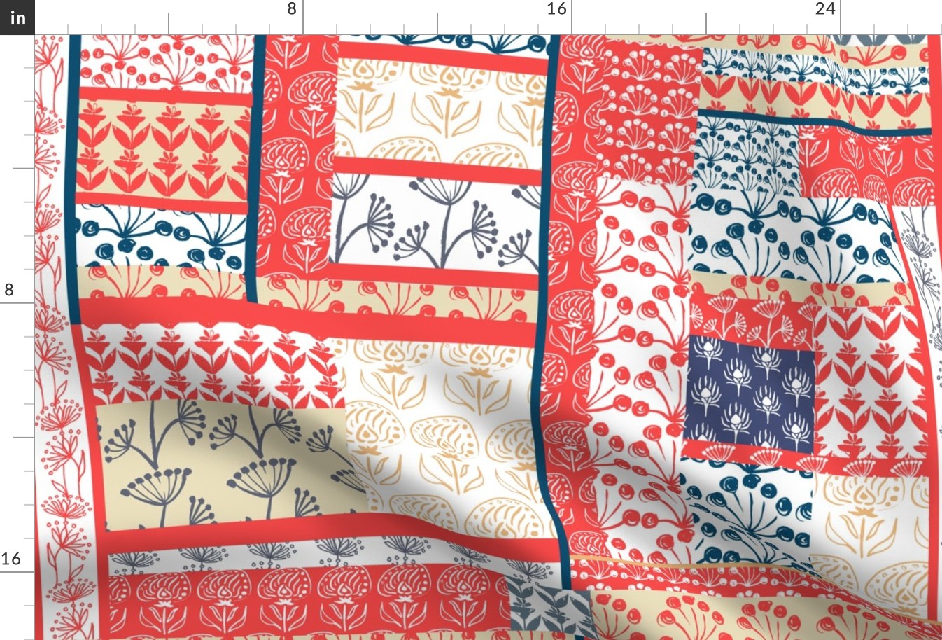 Patchwork Cheater Quilt, Drawn Patterns in Red and Blue
