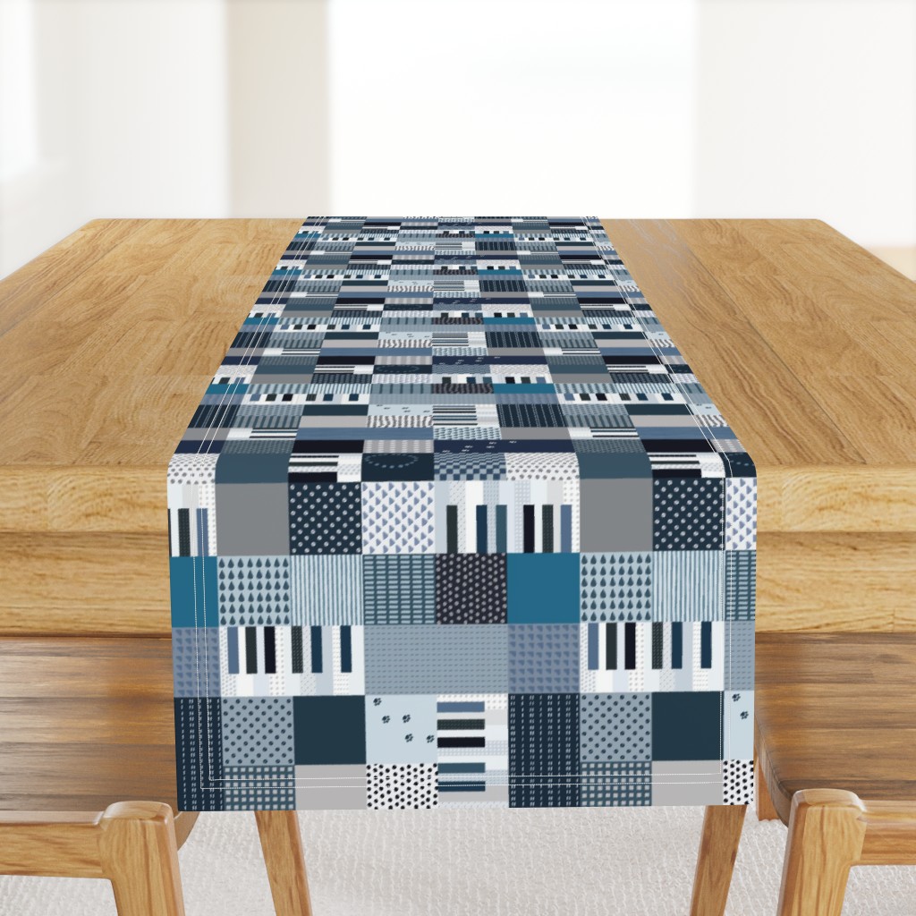 Piano and Cats in Patchwork Blue Large
