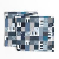 Piano and Cats in Patchwork Blue Large