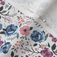 Small Scale Berry Meadow Floral (boho, blue and purple flowers, feminine, cool colors)