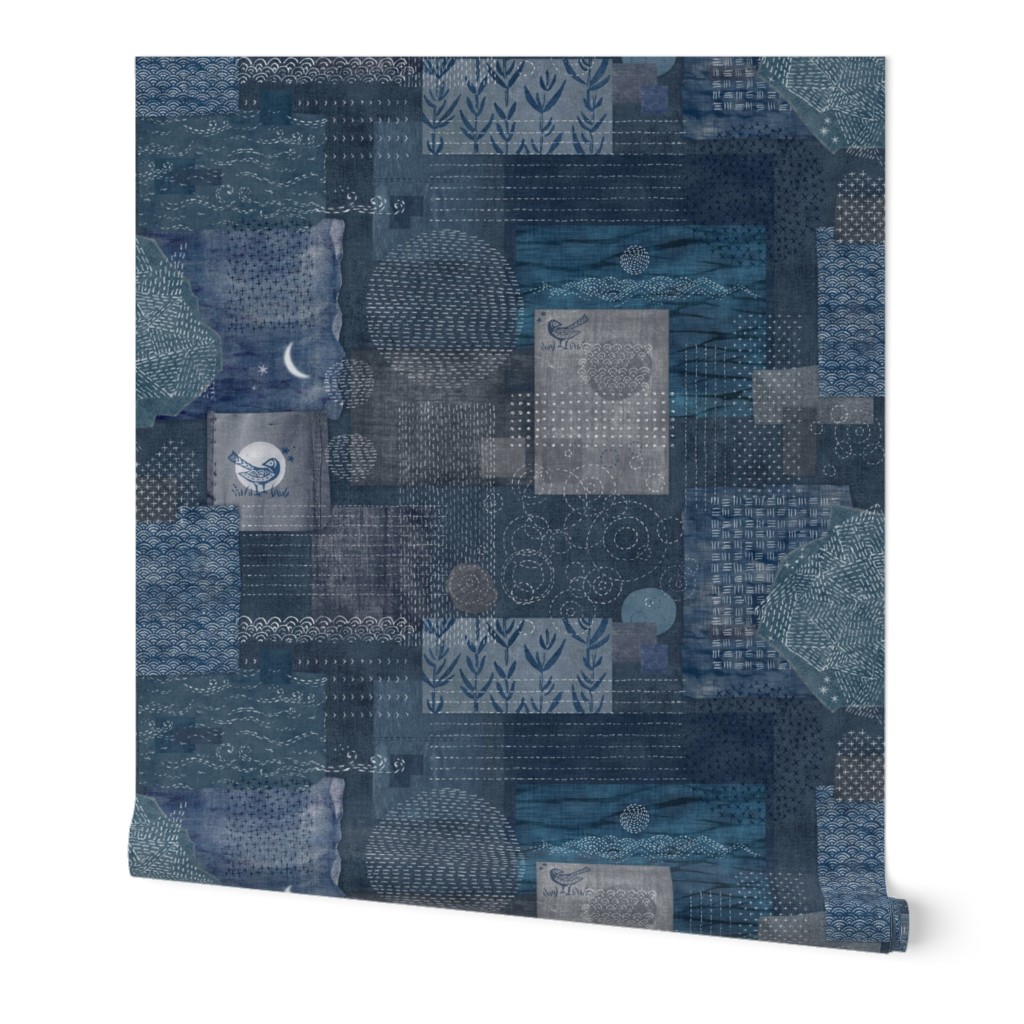 Sashiko Indigo Linen (xl scale) | Japanese stitch patterns on a dark blue linen texture, patchwork, boro cloth, visible mending, kantha quilt in navy blue and gray.