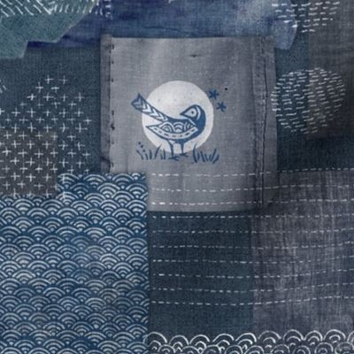 Sashiko Indigo Linen (xl scale) | Japanese stitch patterns on a dark blue linen texture, patchwork, boro cloth, visible mending, kantha quilt in navy blue and gray.