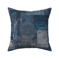 Sashiko Indigo Linen (xl scale) | Japanese stitch patterns on a dark blue linen texture, patchwork, boro cloth, visible mending, kantha quilt in navy blue and gray.