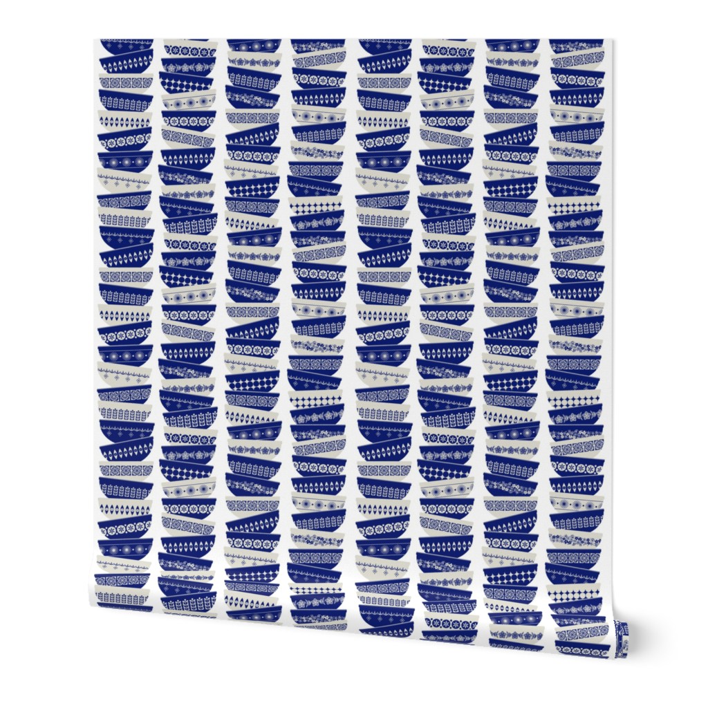 stacked royal blue pyrex bowls - white Wallpaper | Spoonflower