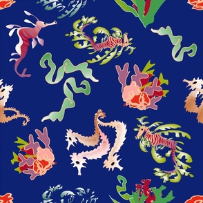 Sea Dragons and Seahorses botanicals blue