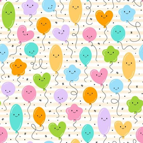 (M Scale) Balloons Seamless Pattern on Watercolor Stripes