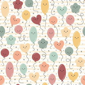 (M Scale) Earth Tones Balloons Seamless Pattern on Watercolor Stripes