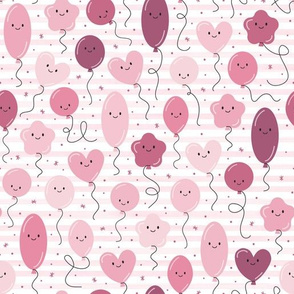 (M Scale) Muted Pink Balloons Seamless Pattern on Watercolor Stripes