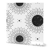 Black and white, grey, into space, sunburst