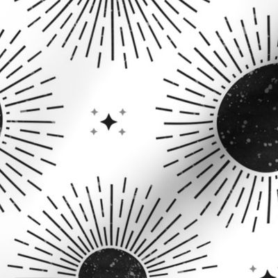 Black and white, grey, into space, sunburst