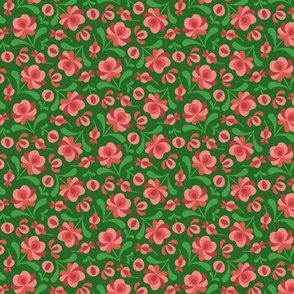 Large modern folk flowers and buds in red, pink, on green