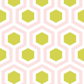 blush pink chartreuse green geometric hexagon honeycombs