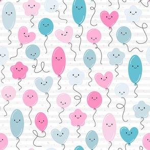 (M Scale) Pink and Blue Balloons Seamless Pattern on Watercolor Stripes