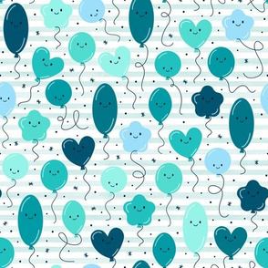 (M Scale) Teal Balloons Seamless Pattern on Watercolor Stripes