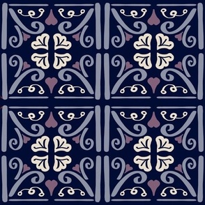 Tile Inspired Pattern With Hearts - Navy Blue, Purple and White