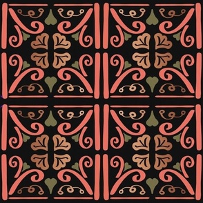 Tile Inspired Pattern With Hearts - Orange, Black, Green and Gold