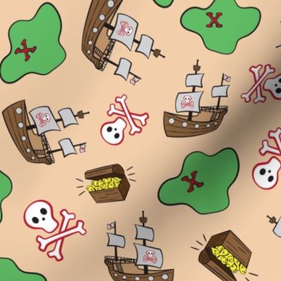 Cat pirate ship, skull & crossbones, treasure island, map on tan