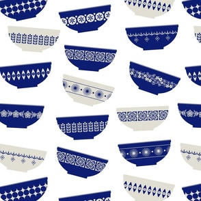 scattered royal blue pyrex bowls