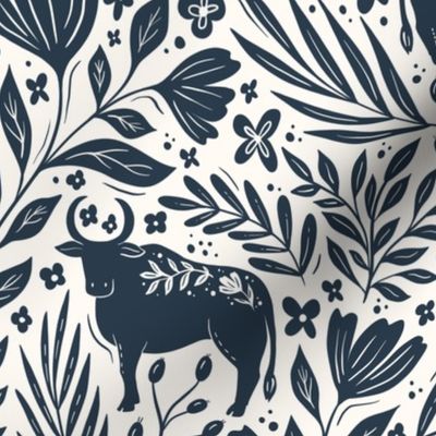 Ox in the flowers - Year of the ox - blue and cream floral - medium scale