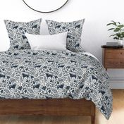 Ox in the flowers - Year of the ox - blue and cream floral - medium scale