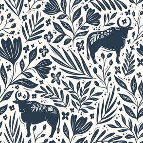 Ox in the flowers - Year of the Ox - blue and cream floral - large 