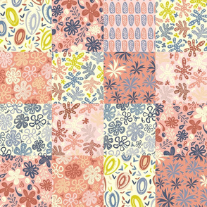 Field of Flowers patchwork,  Granny-chic Cheater quilt, Large scale (Squares~4.5", Square-see swatch size)