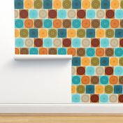 Mandala Brick Square Geometric Patchwork // Turquoise Blue, Khaki, Tan, Caramel, Dark Brown, Amber Gold, Yellow, Olive Green, Ocean Blue